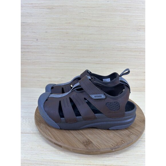 NEW Crocs Yukon Fisherman Brown Leather Sandals Mens Size 7 - Picture 1 of 8